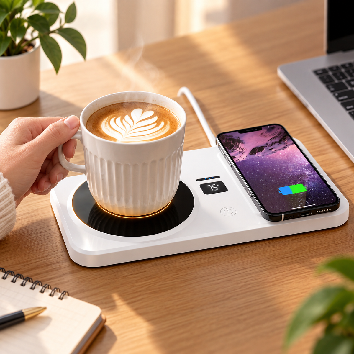 Chauffe-tasse 2-en-1 + chargeur sans fil